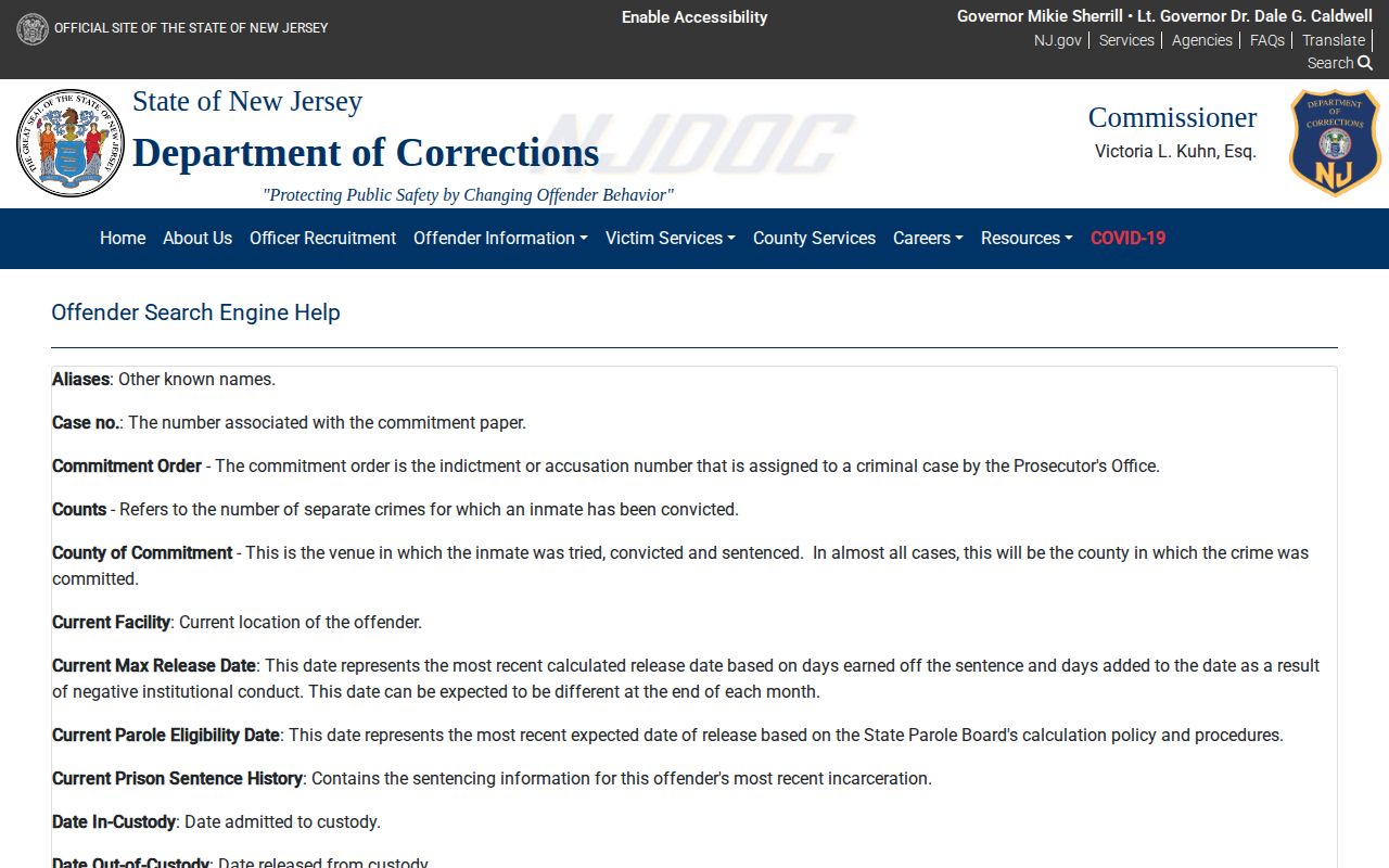 NJDOC field help for Mercer County released inmate records