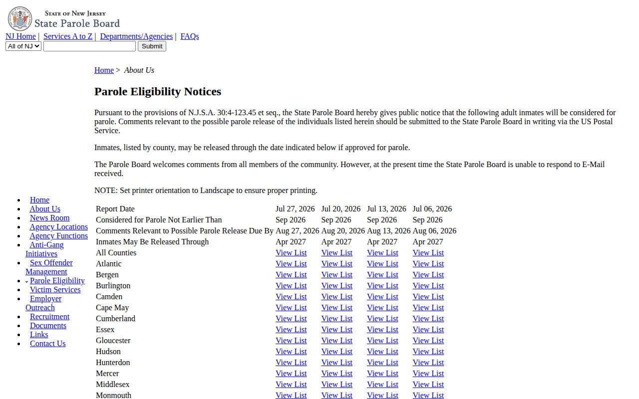 Mercer County parole eligibility notice index for post-release supervision