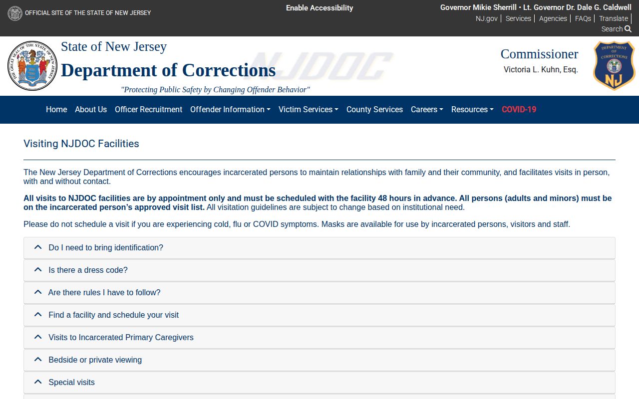 New Jersey State Prison NJDOC facility listing for release record routing
